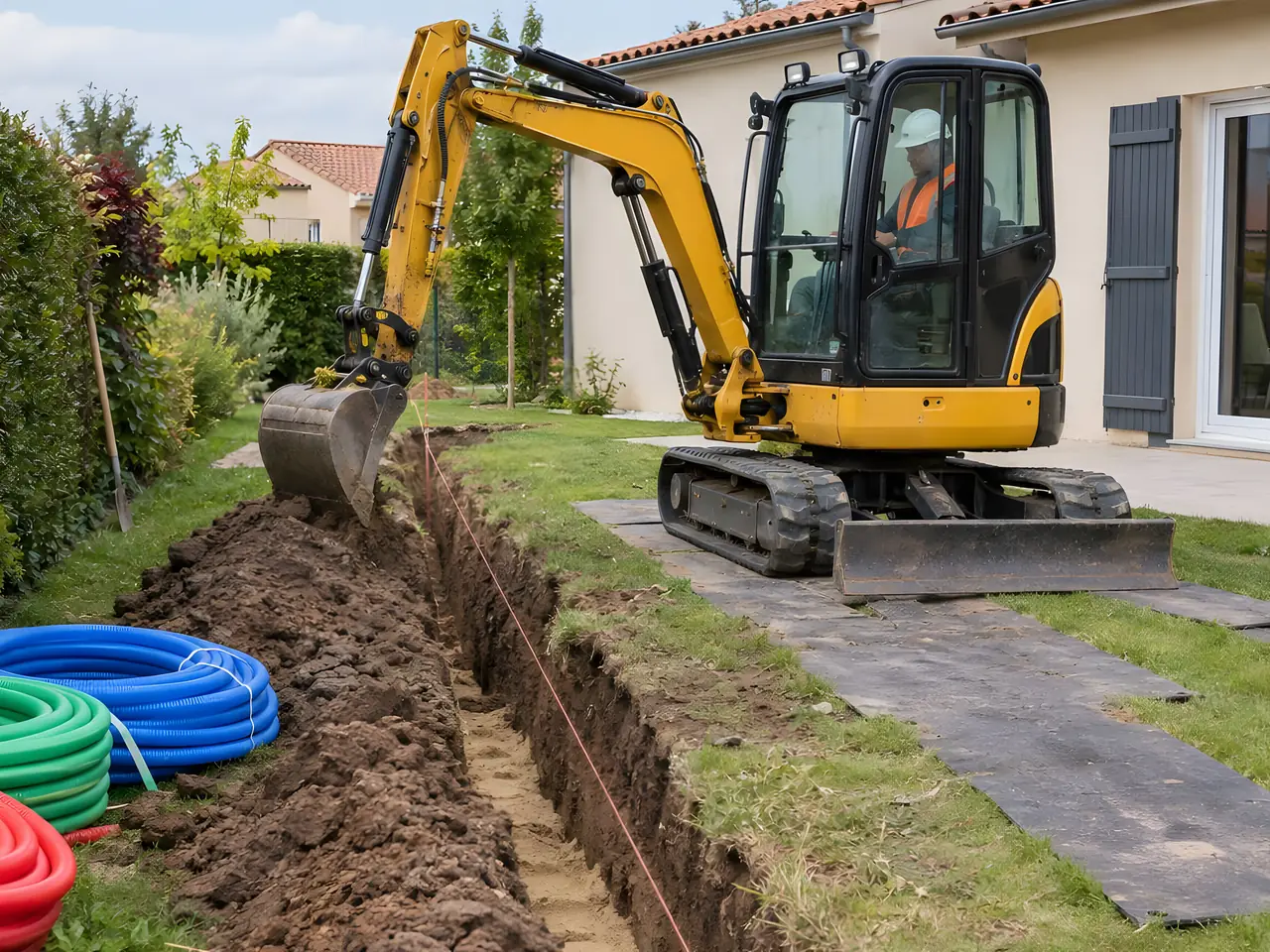 Mini-pelle jaune qui creuse une tranchée étroite dans un jardin, couronnes de gaines rouge, verte et bleue posées au bord