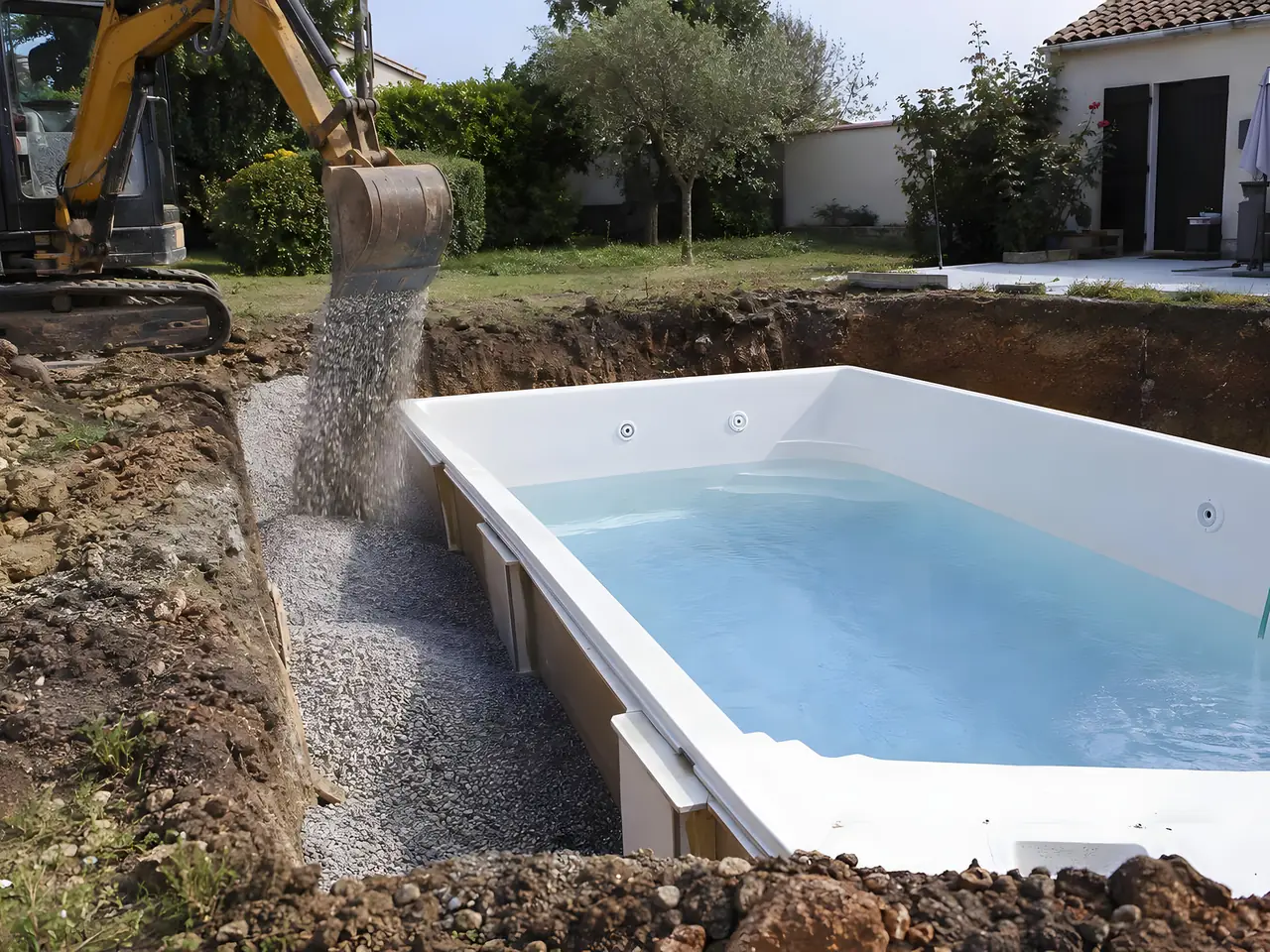 Bassin de piscine blanc à moitié rempli d’eau dans sa fouille, mini-pelle qui verse du gravier dans l’espace autour