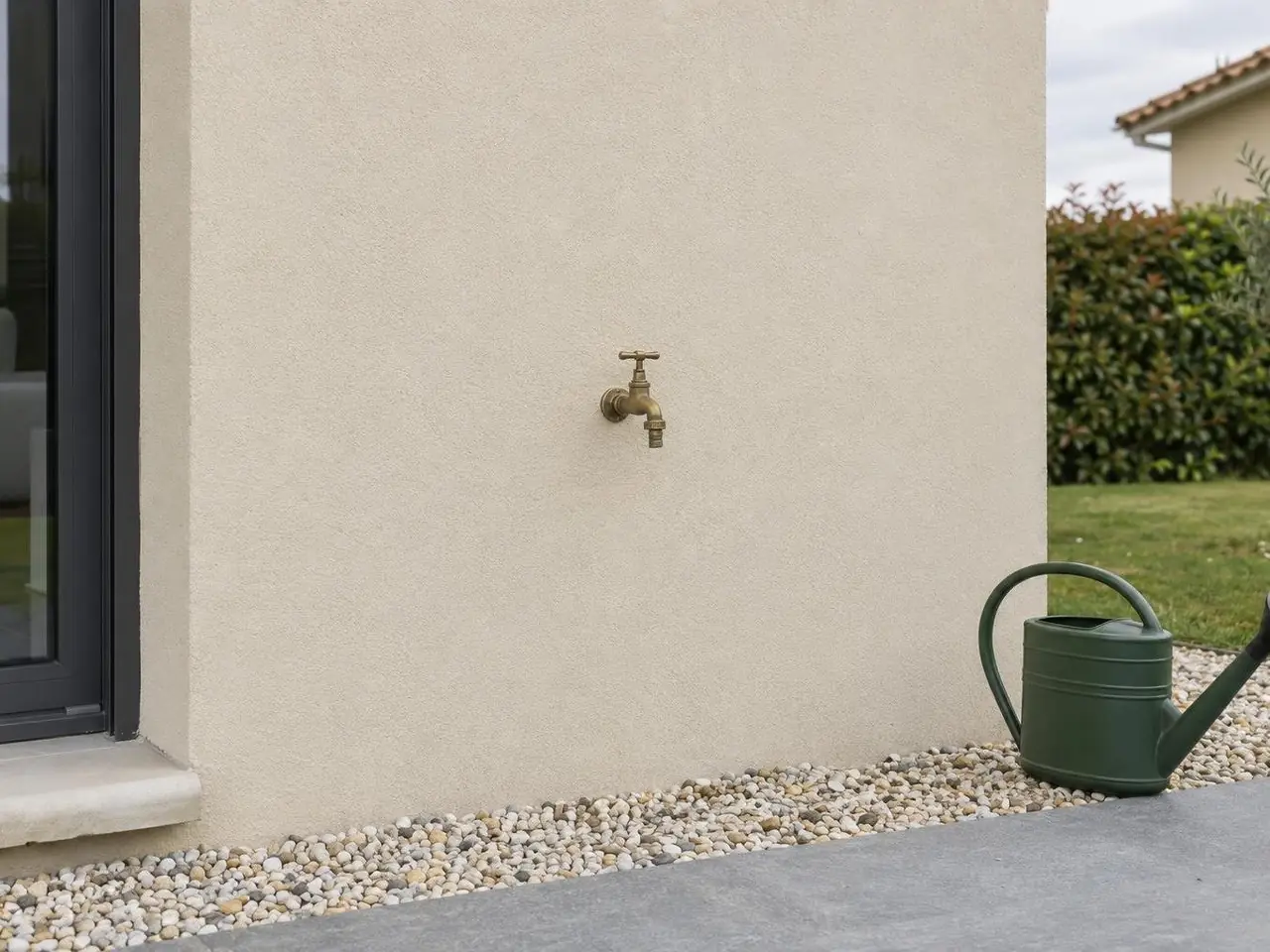 Robinet de jardin en laiton fermé sur une façade beige propre, graviers et dalle secs, arrosoir vert à droite