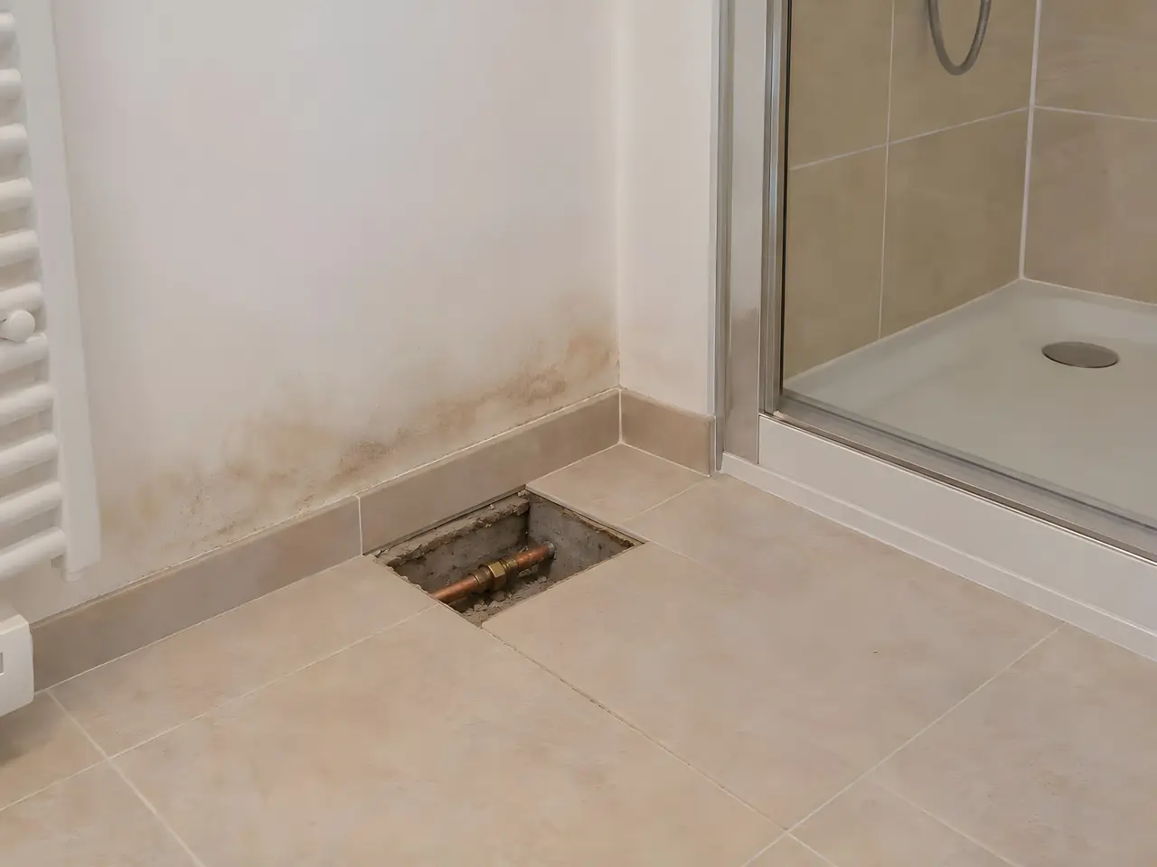 Coin de salle de bains au carrelage beige ouvert sur un tuyau de cuivre, mur blanc taché d’humidité au-dessus