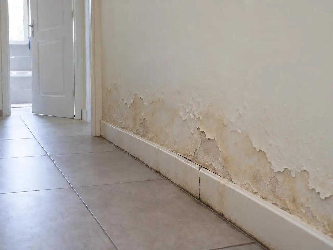 Bas de mur de couloir à la peinture cloquée et écaillée, auréole beige d’humidité, plinthe fendue et décollée