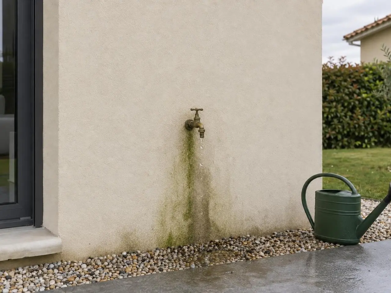 Robinet de jardin en laiton qui goutte sur une façade beige, traînée verte de mousse, graviers mouillés dessous
