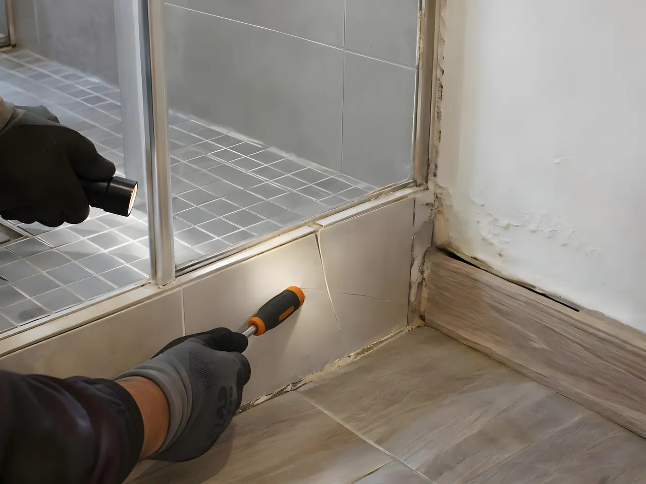 Artisan ganté qui tapote au tournevis un carreau fendu au pied d’une douche, à la lampe, près d’une plinthe gonflée