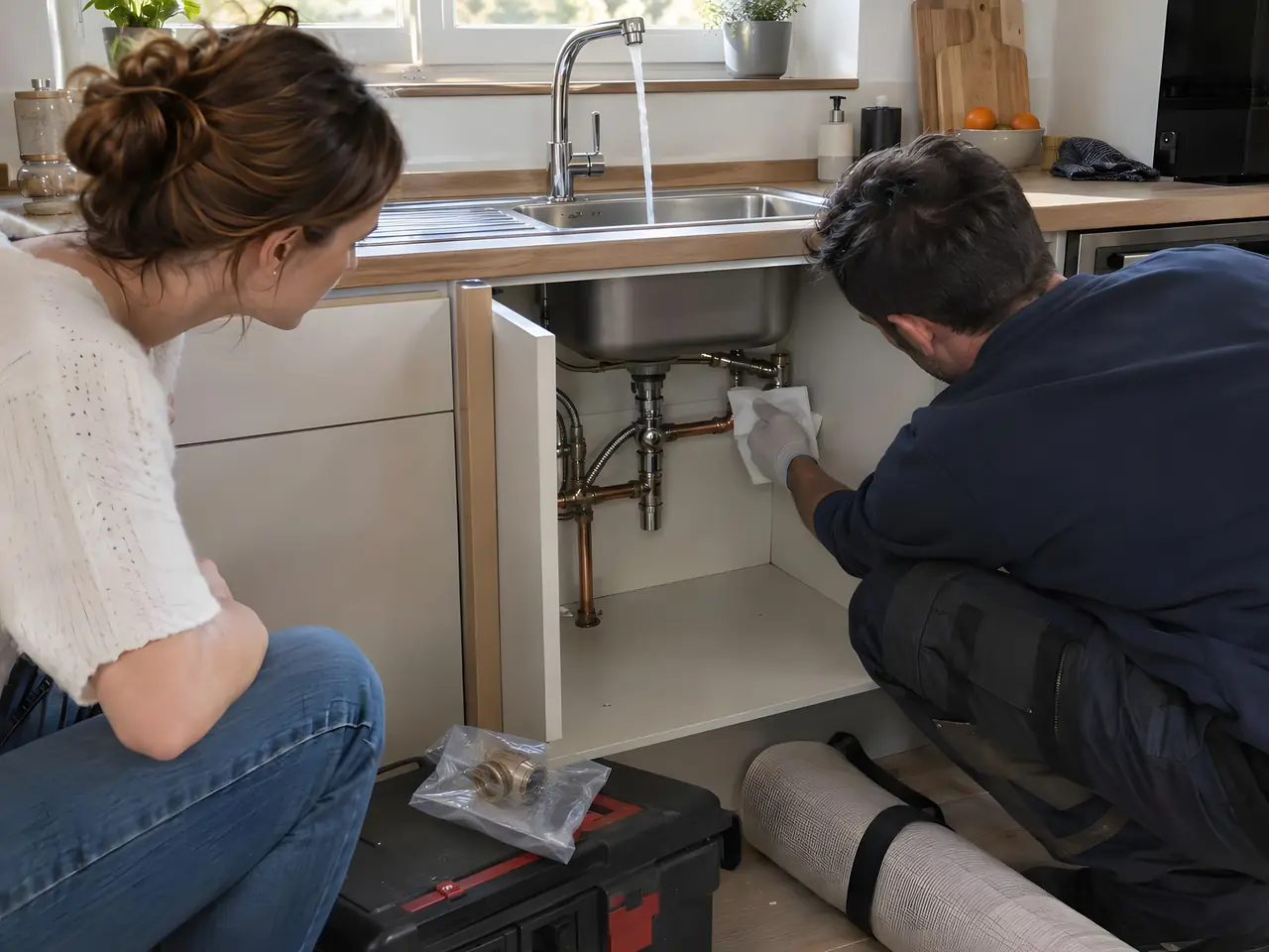 Plombier accroupi qui essuie les raccords sous l’évier pendant que l’eau coule du mitigeur, la propriétaire assise regarde