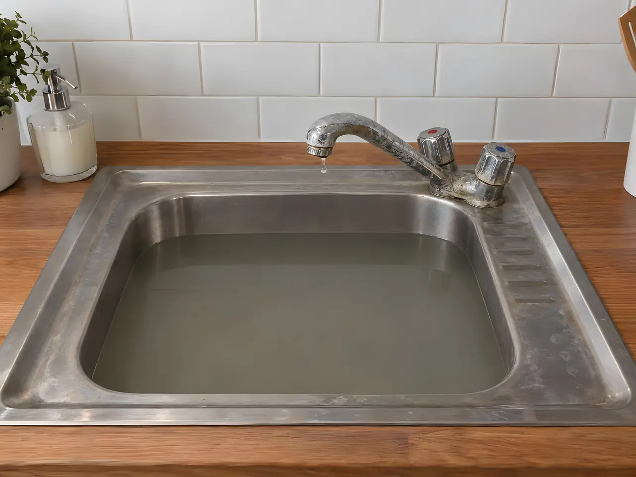 Évier inox terni rempli d’eau grise stagnante sous une vieille robinetterie à deux têtes qui goutte