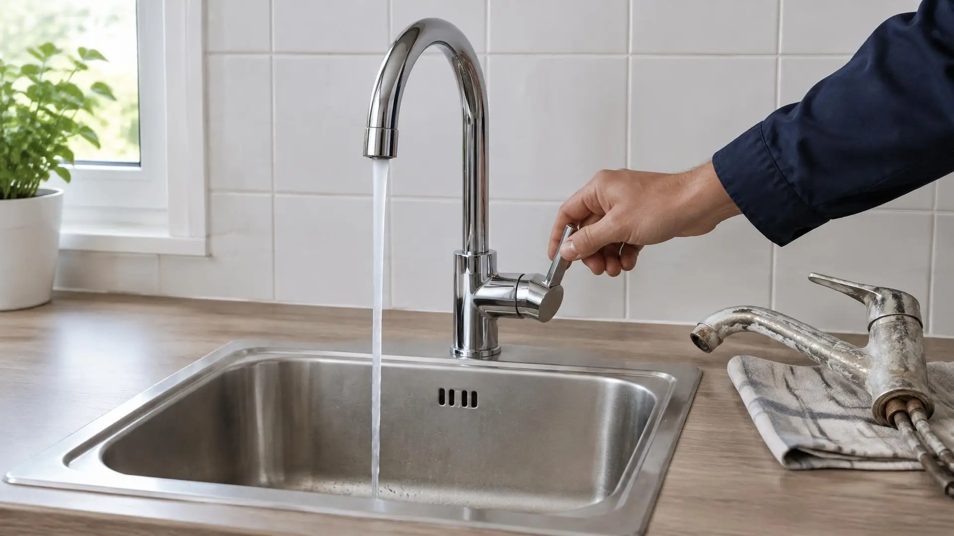 Mitigeur chromé neuf sur un évier inox, filet d’eau claire, et l’ancien robinet entartré posé sur un torchon