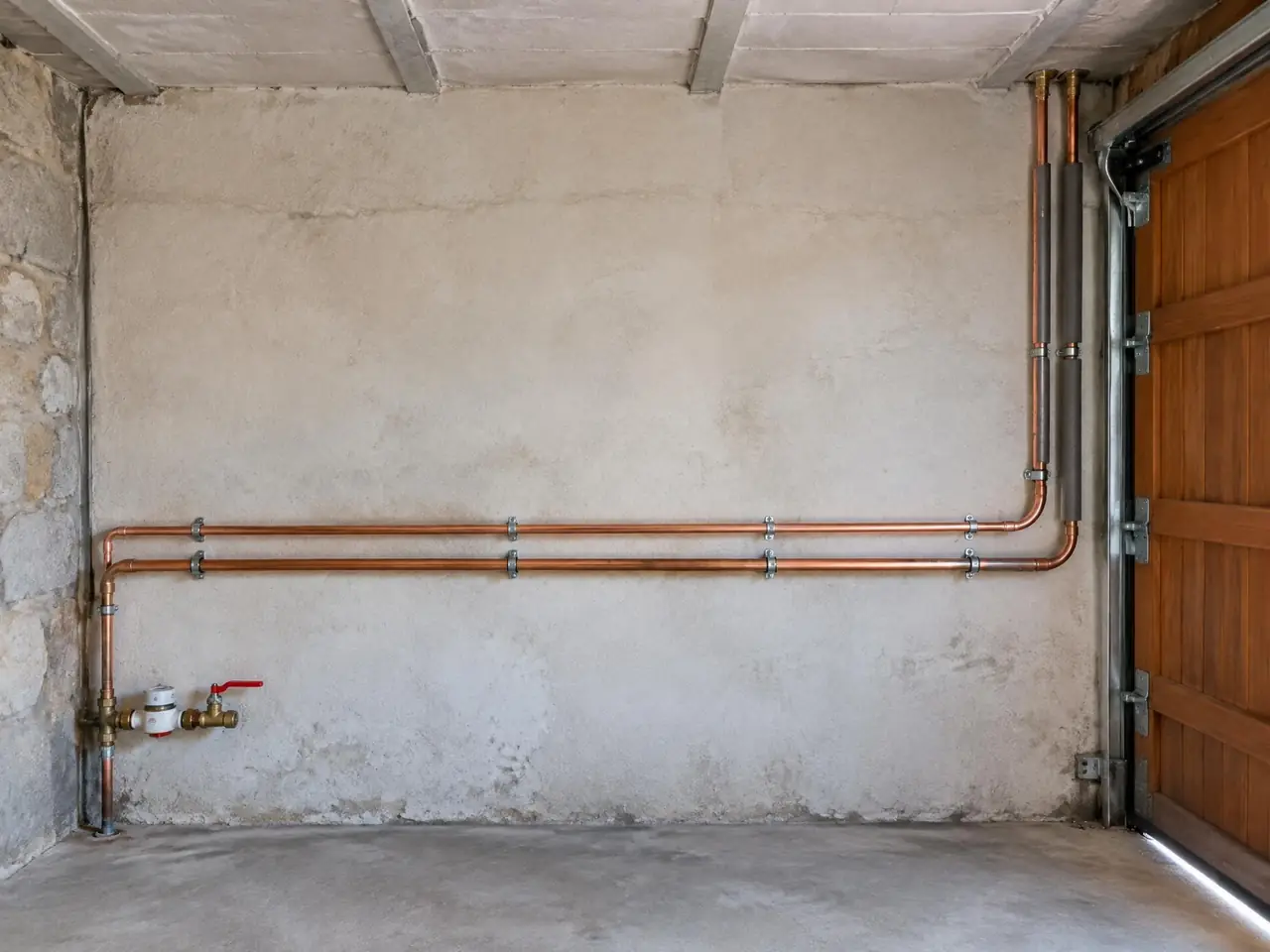 Le même mur de garage : tuyaux de cuivre neufs fixés droits, compteur et robinet d’arrêt rouge en bas