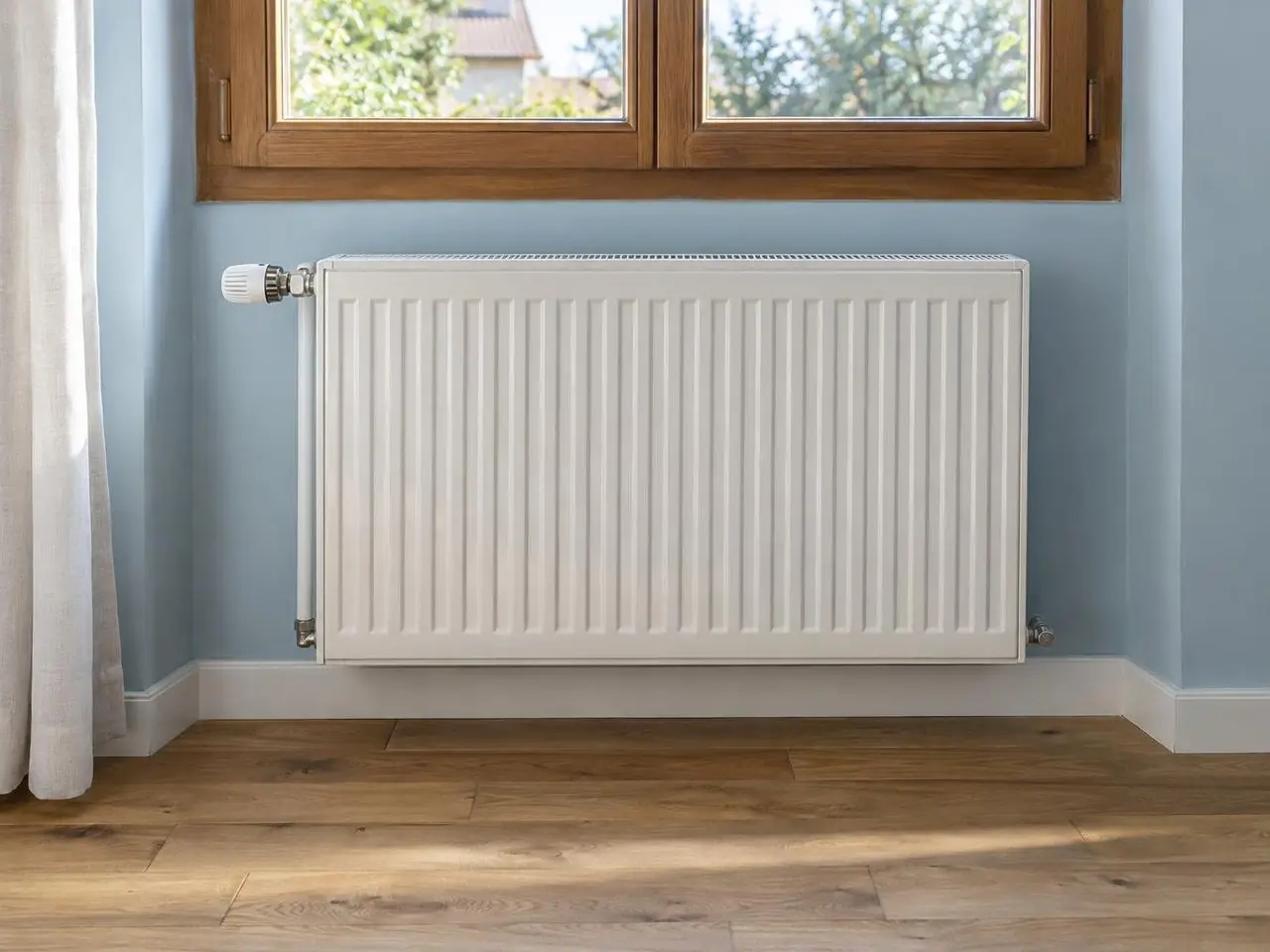 Radiateur blanc en acier sous une fenêtre en bois, robinet thermostatique neuf, parquet en chêne sec