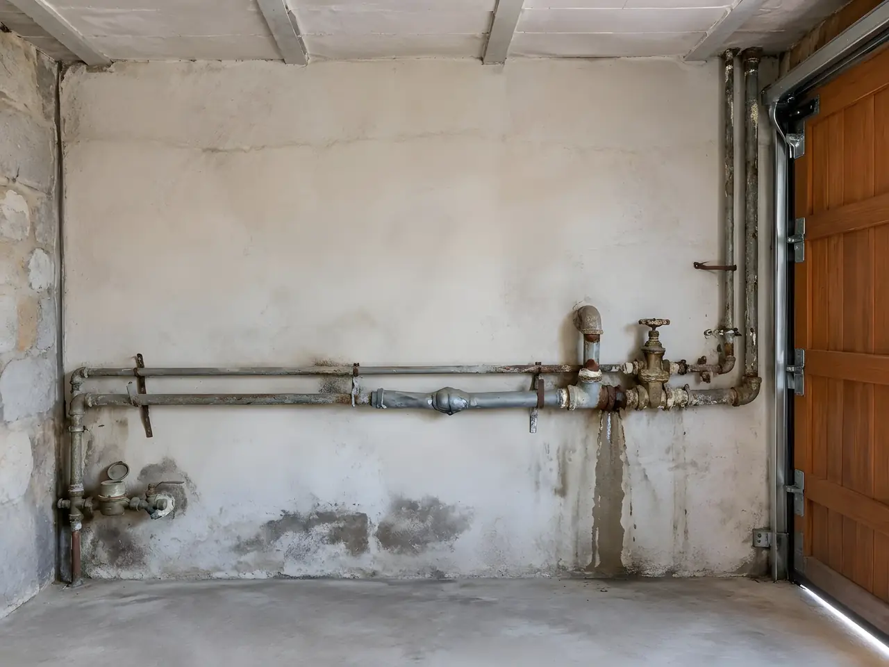 Mur de garage aux vieux tuyaux rouillés et entartrés, raccords qui suintent et traînées d’humidité dessous