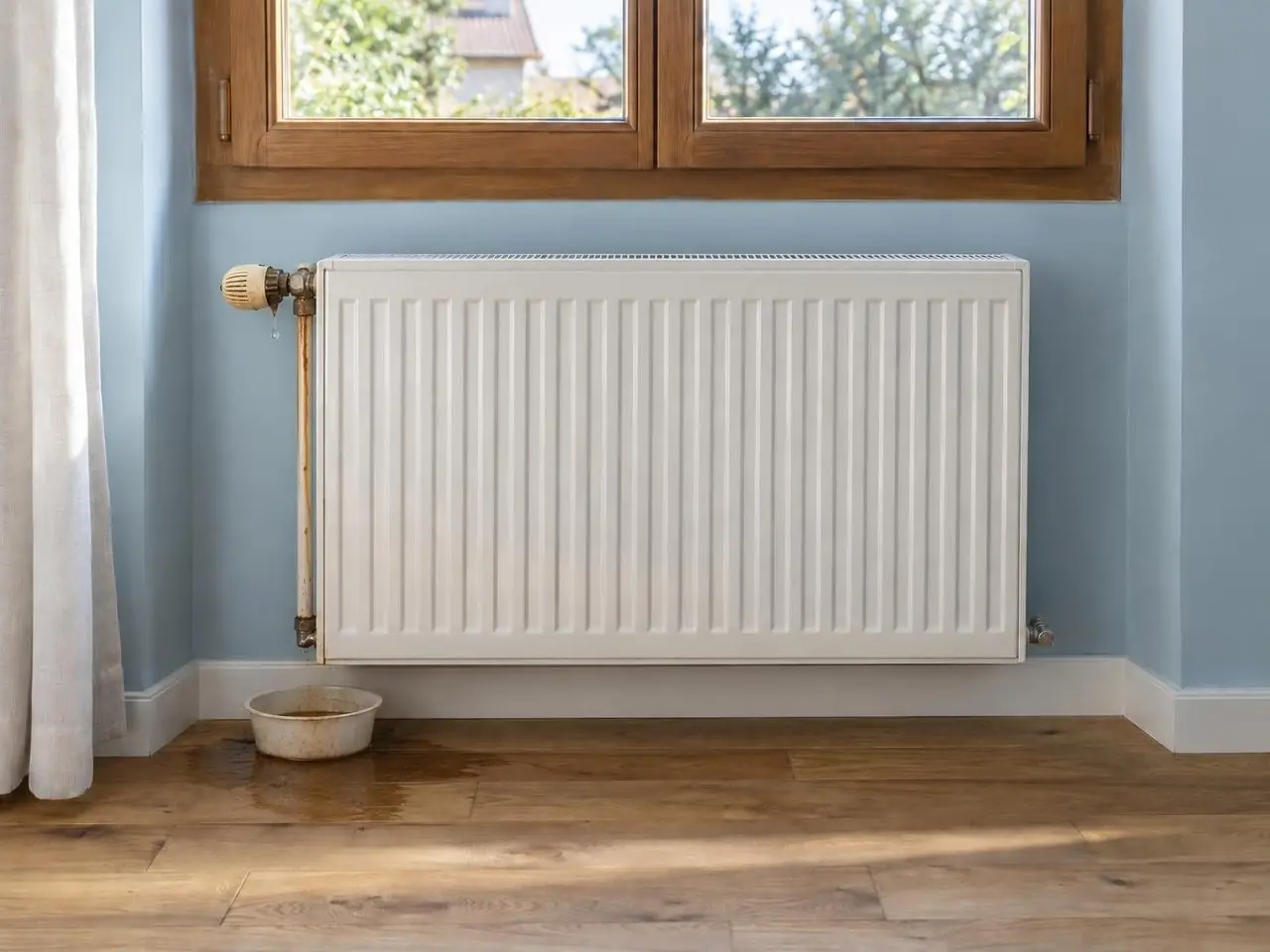Radiateur blanc sous une fenêtre en bois, vieux robinet jauni et rouillé, bol posé sur le parquet mouillé