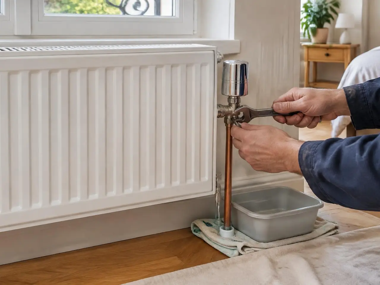 Mains resserrant à la clé le robinet d’un radiateur blanc, bassine et chiffon posés sur une bâche au sol