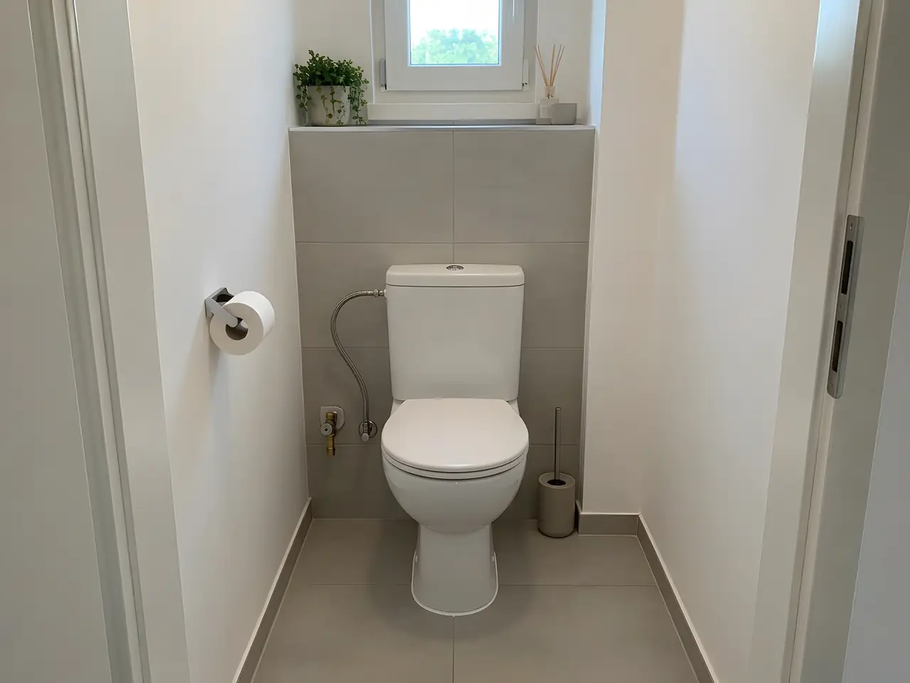 Les mêmes toilettes : WC neuf au sol, réservoir blanc, flexible tressé et robinet d’arrêt au mur carrelé