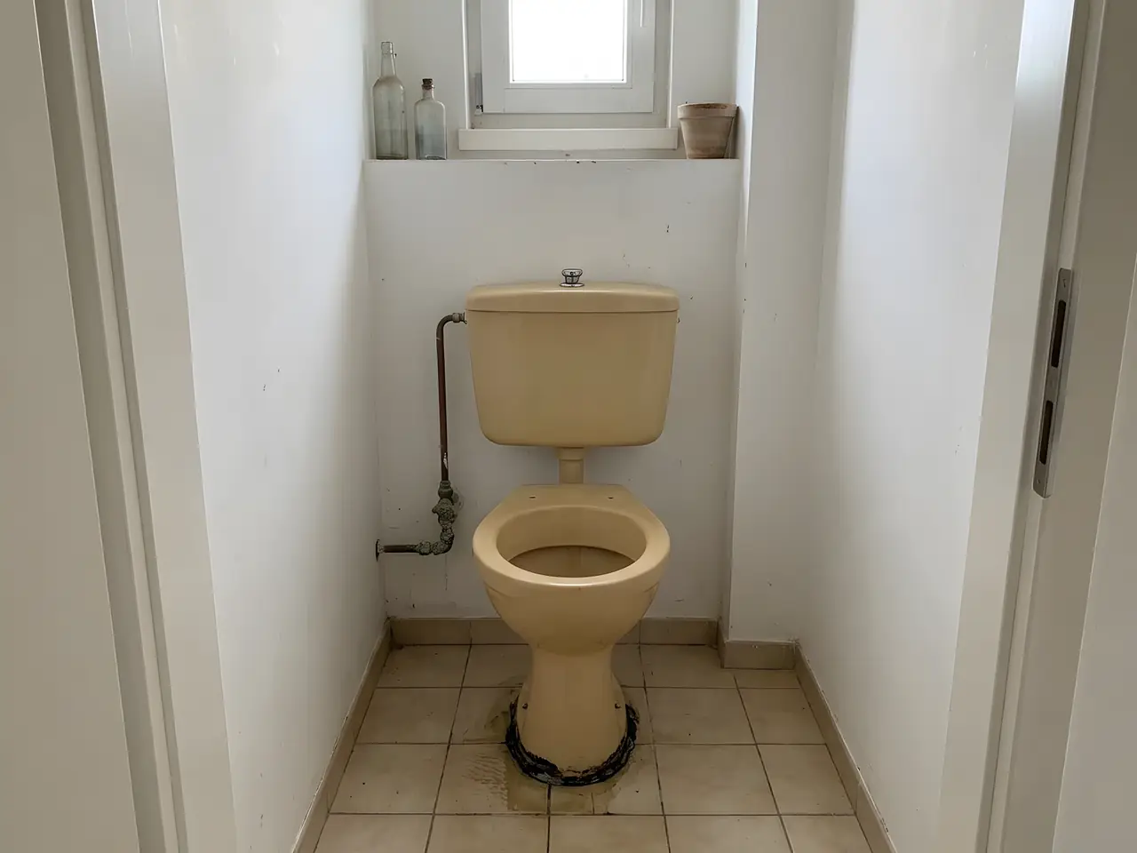 Vieux WC beige au réservoir attenant, auréole noire au pied de la cuvette et tuyau d’arrivée oxydé