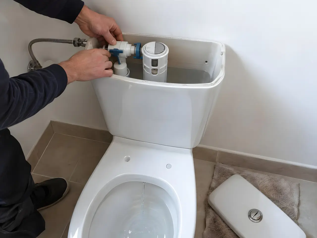 Plombier qui remplace le robinet flotteur dans le réservoir ouvert d’un WC, couvercle posé sur le tapis