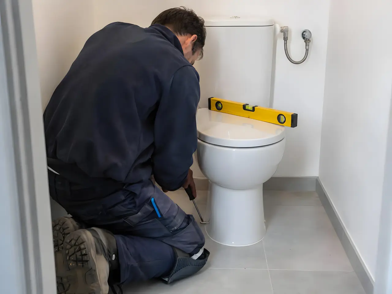 Plombier à genoux qui fixe la cuvette d’un WC neuf au tournevis, niveau jaune posé sur l’abattant
