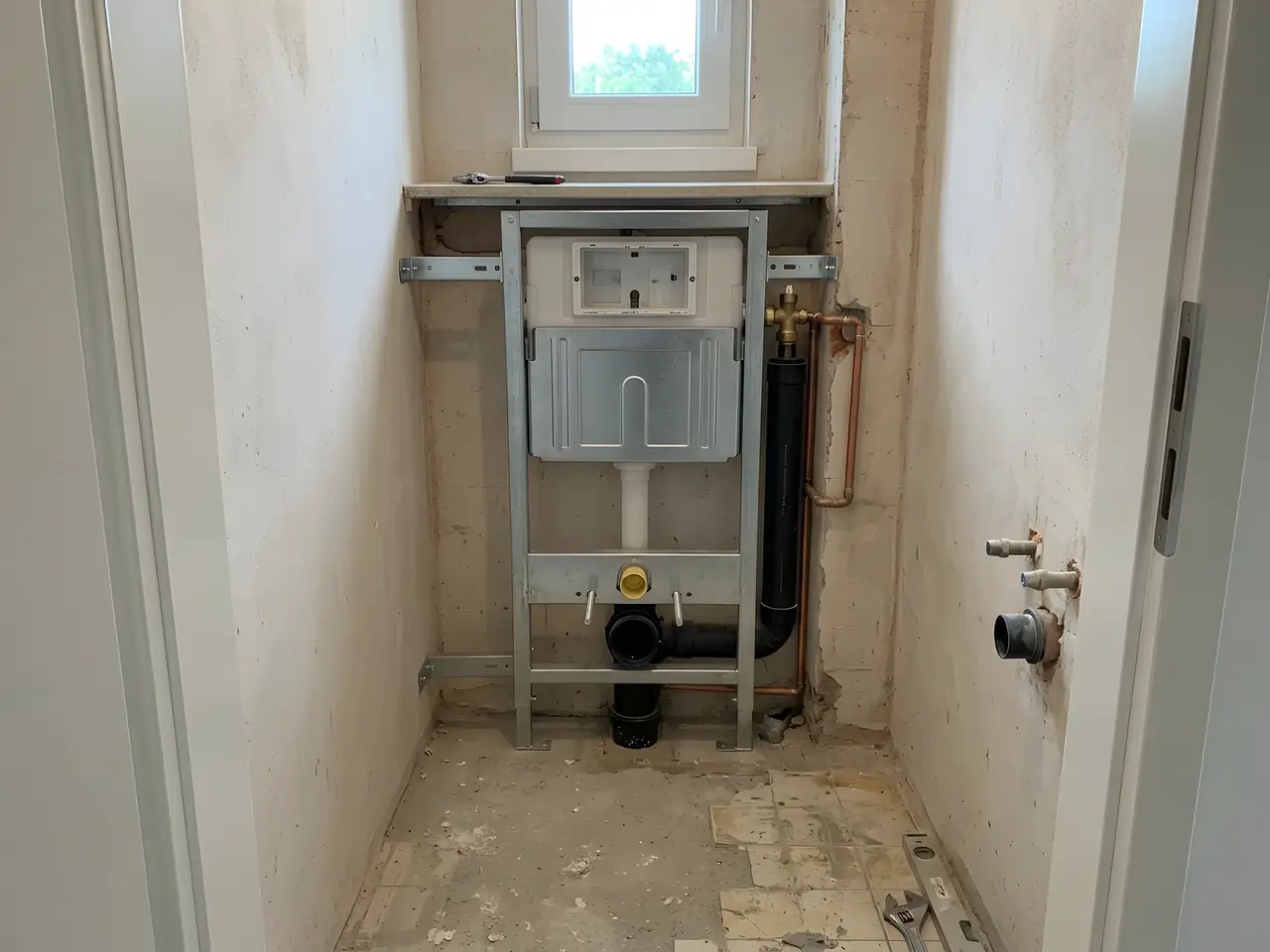 Bâti de WC suspendu fixé dans des toilettes en travaux, évacuation et arrivée d’eau en attente