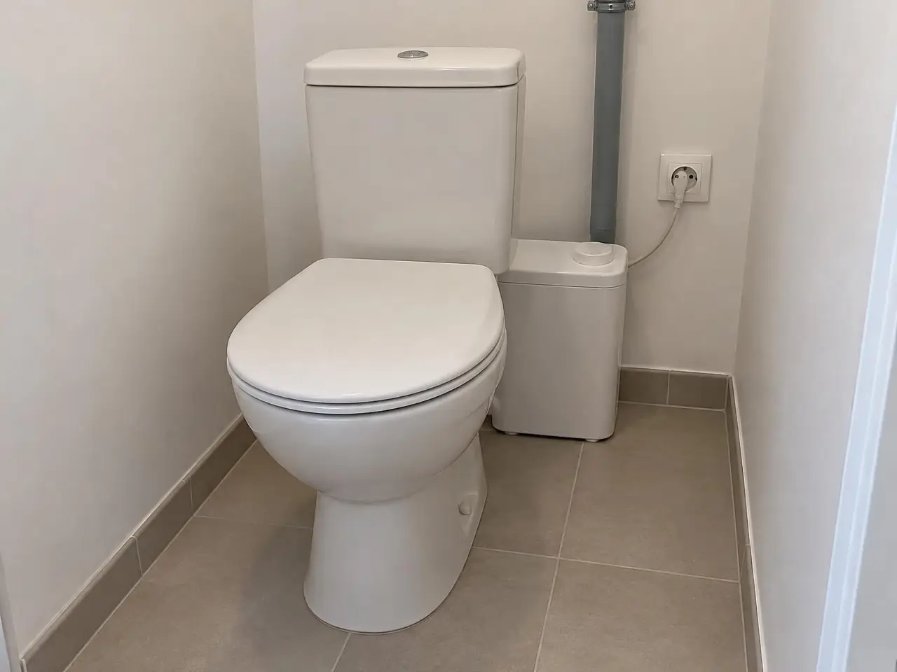 WC neuf au sol et son broyeur blanc posé derrière, petit tuyau d’évacuation gris qui monte le long du mur
